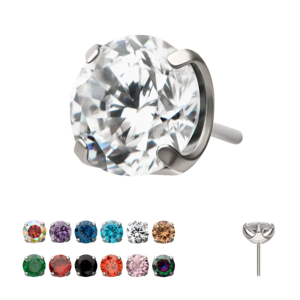 4 Prong Round Gem Top - Cz - Threadless - Titanium