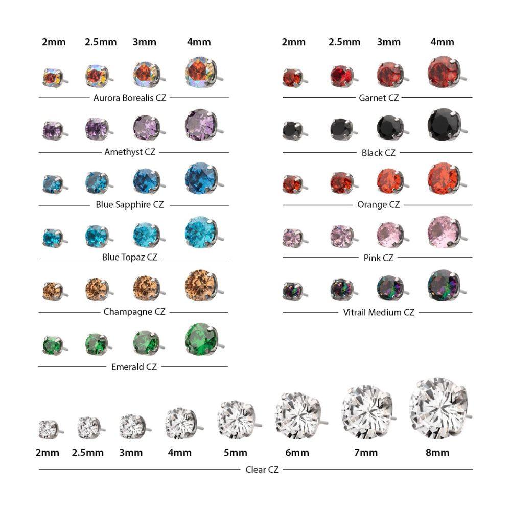 4 Prong Round Gem Top - Cz - Threadless - Titanium