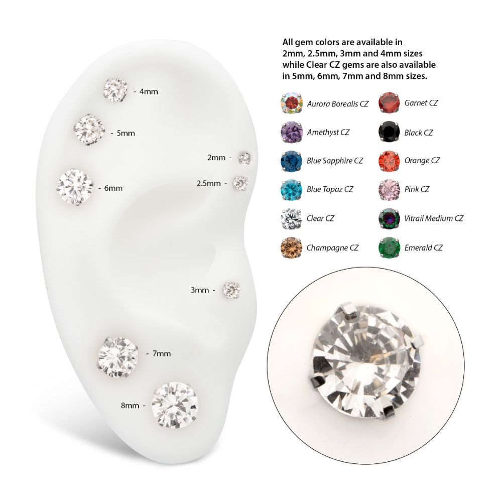 4 Prong Round Gem Top - Cz - Threadless - Titanium